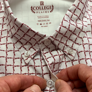 Close up of white Florida State University FSU Seminoles Plaid Long Sleeve Button-down Shirt Collar and button
